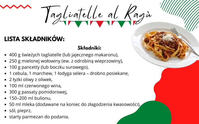 składniki do zrobienie tagliatelle al ragu lista składników na tagliatelle al ragu