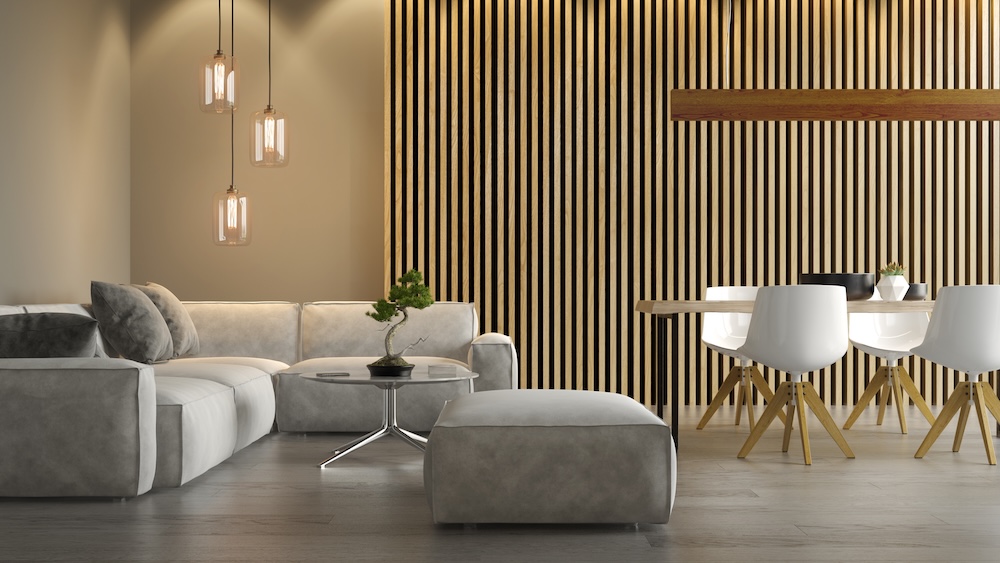 pomysł na ścianę w salonie - pionowe lamele w jasnym kolorze pomysł na ścianę w salonie - lamele z drewna