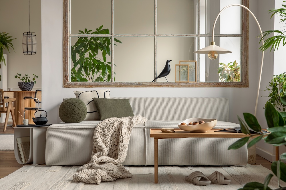 pomysł na ścianę w salonie - lustro odbijające światło pomysł na ścianę w salonie - duże lustro imitujące okno