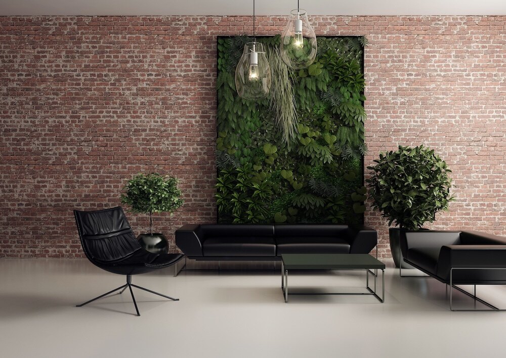 pomysł na ścianę w salonie z roślin samowystarczalnych pomysł na ścianę w salonie - mech i rośliny zielone