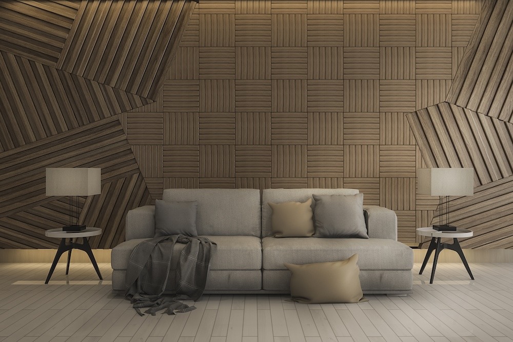 panele geometryczne za sofą w salonie  panele 3D na ścianie salonu z kanapą i stolikami po obu stronach