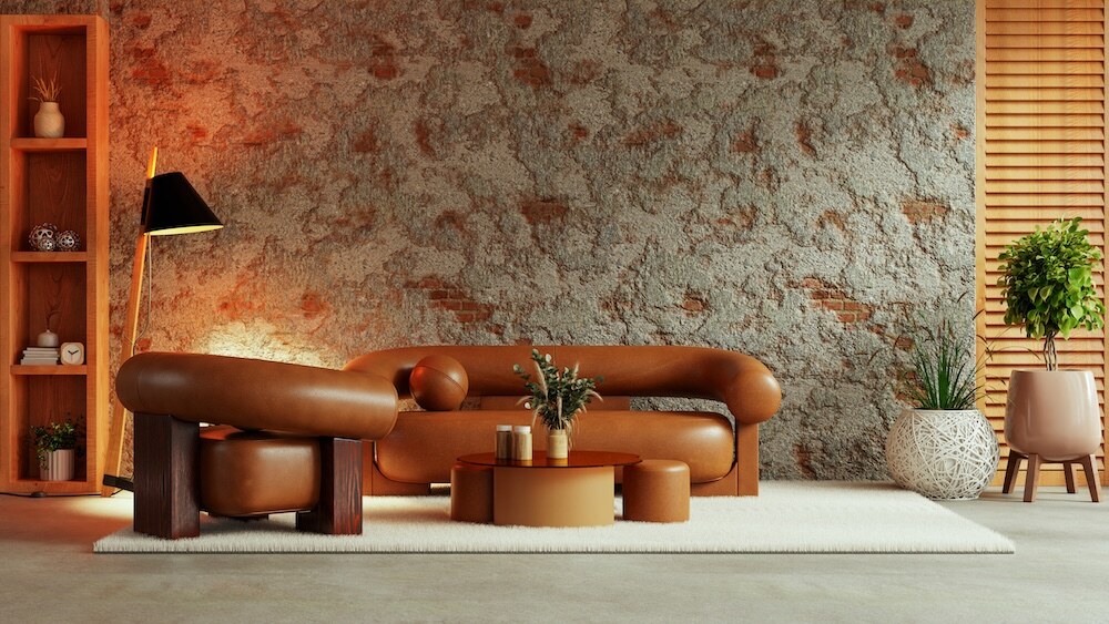 kamienna ściana w salonie z pomarańczową kanapą kamień na ścianie salonu z nowoczesnymi meblami