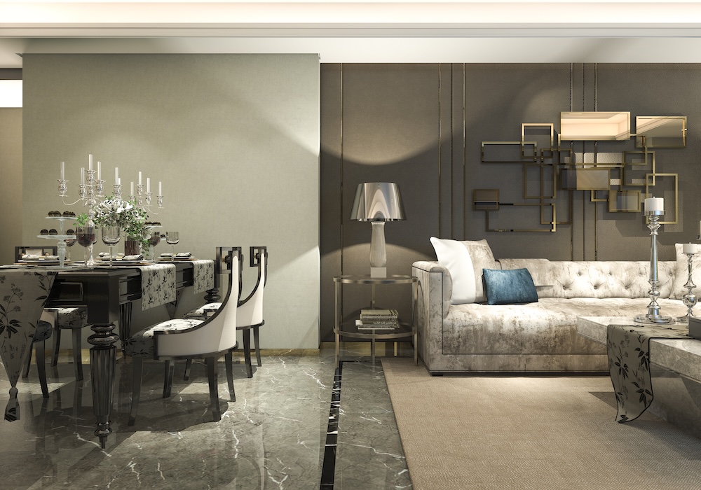 aranżacje salonu z jadalnią z cieniowaną kanapą pod ścianą i aplikacją na ścianie 