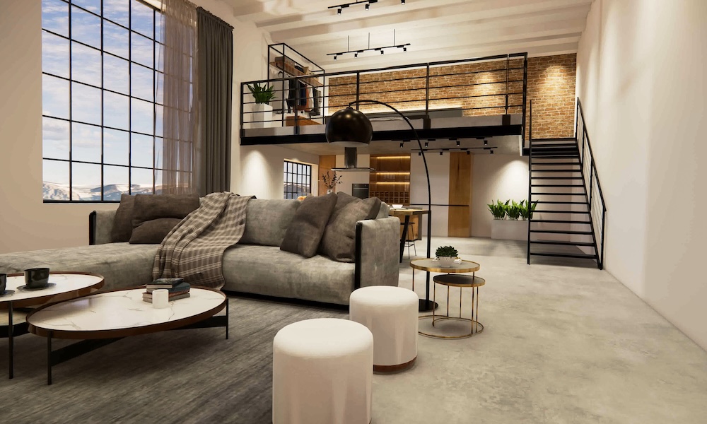 salon w szarościach z piętrem i dużym oknem salon w szarościach z loftowym designem