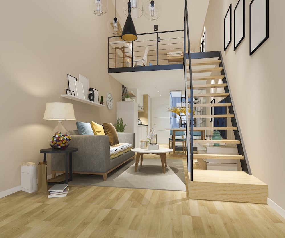 aranżacja kawalerki dwadzieścia siedem m z antresolą i wejściem po schodach  aranżacja kawalerki dwadzieścia siedem m z pokojem na piętrze i schodami