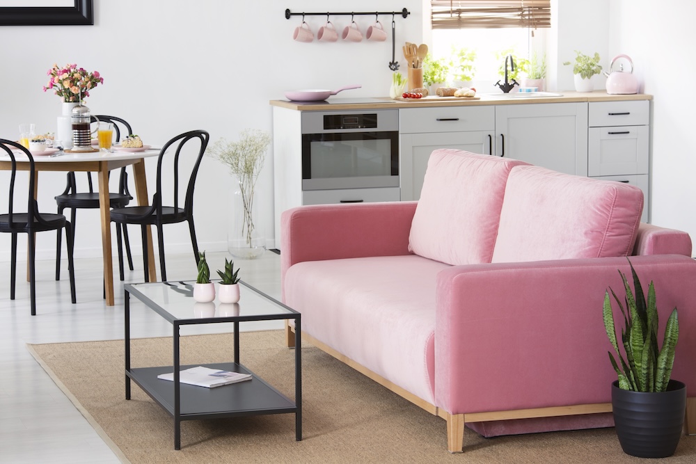 aranżacja kawalerki dwadzieścia siedem m z podziałem na trzy strefy  aranżacja kawalerki dwadzieścia siedem m z aneksem kuchennym pod oknem i strefą z kanapą na środku