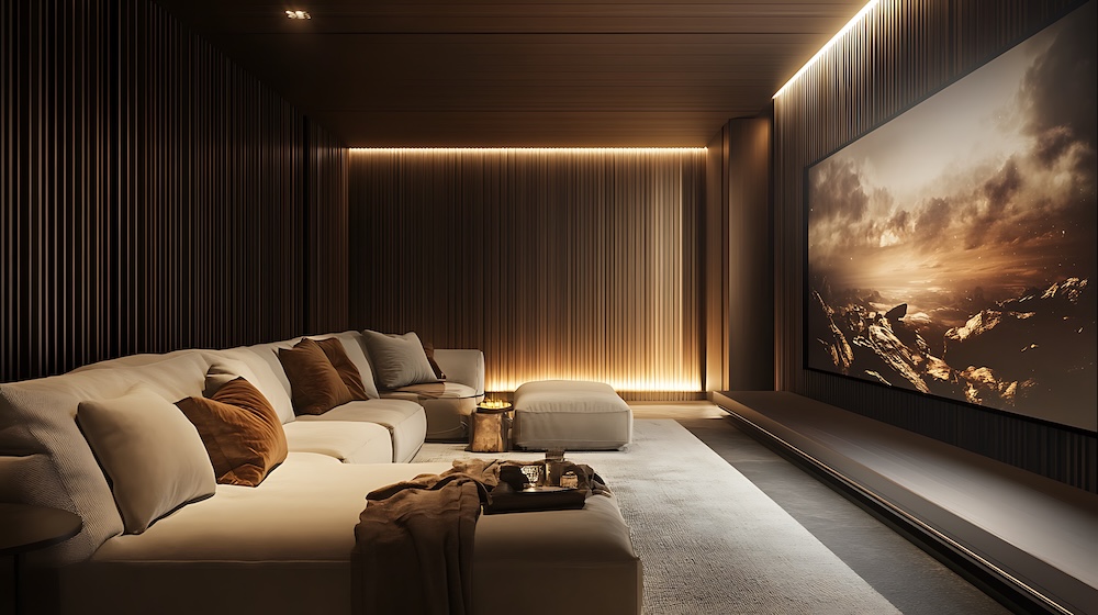 salon z jasną kanapą i dużym telewizorem na ścianie  salon z lamelami na ścianach i dużym telewizorem