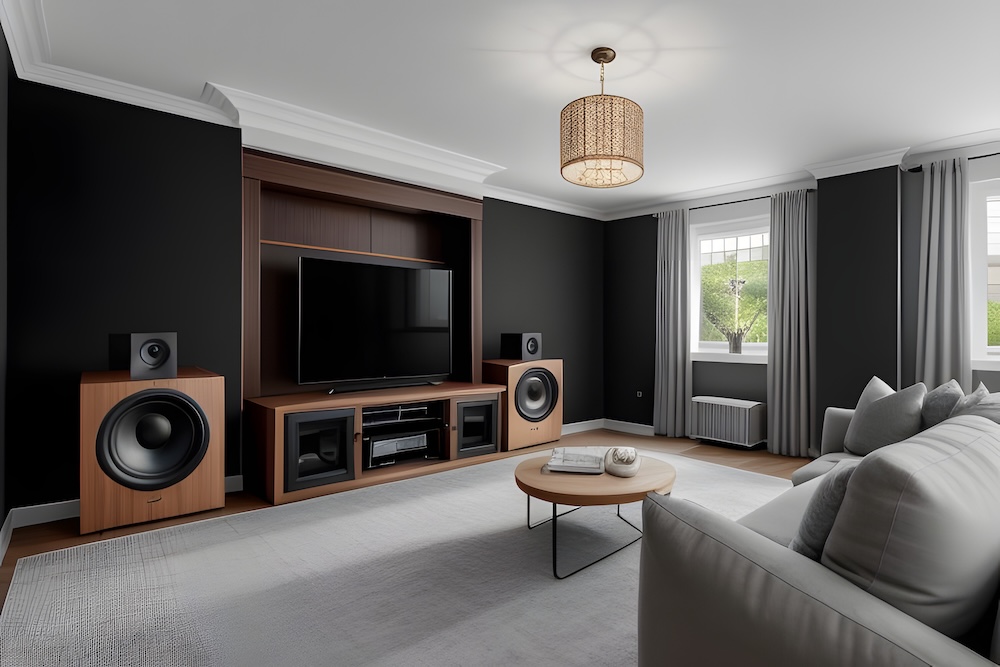 salon z kinem domowym z głośnikami na podłodze salon z kinem domowym imitującym drewno