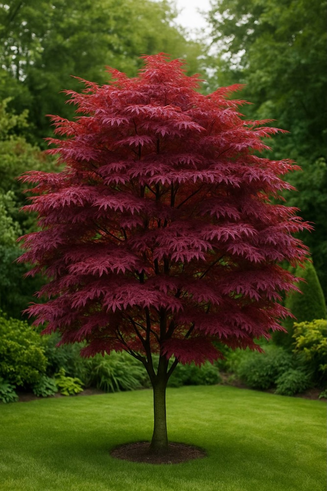 drzewka z czerwonymi liśćmi na tle krzewów 