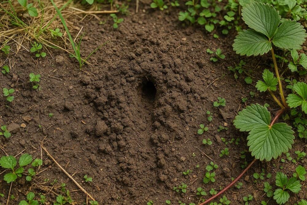 dziura wykopana w ziemi po nornicy  dziura w ziemi wykopana przez nornicę