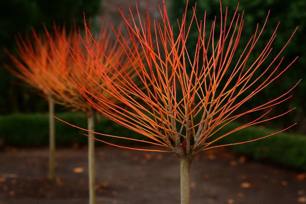 wierzba hakuro zimą z czerwonymi pędami  wierzba hakuro zimą w odcieniu czerwieni