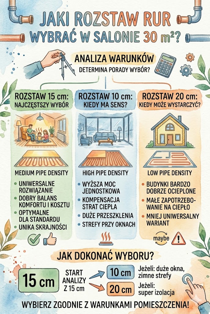 rozstaw rur w salonie 30 m2 na ogrzewanie podłogowe