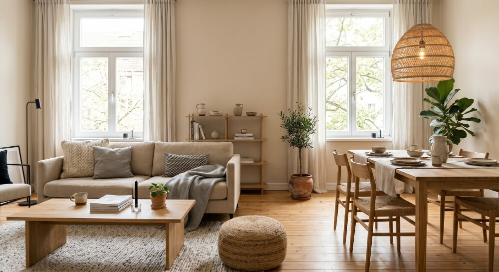 styl skandynawski – salon połączony z jadalnią