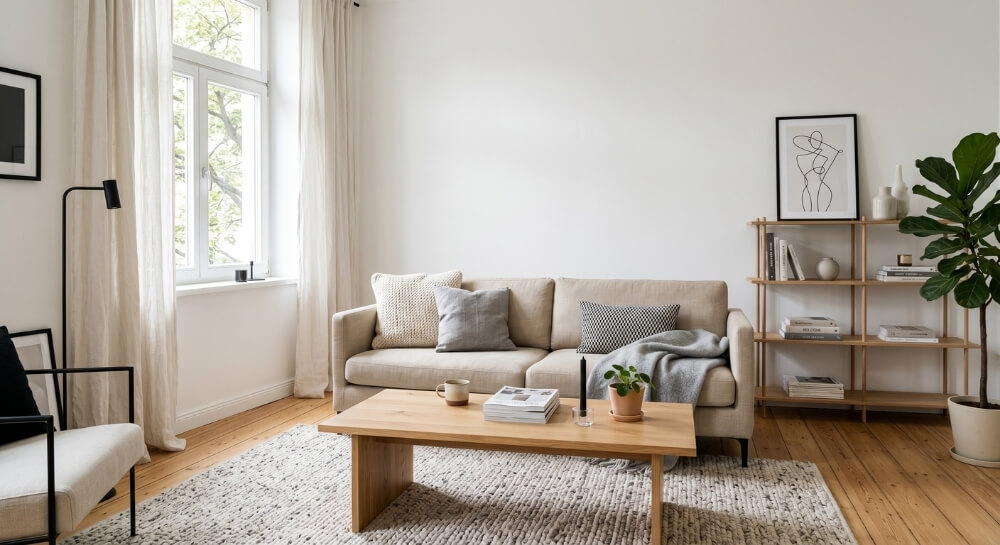 salon urządzony w stylu scandi