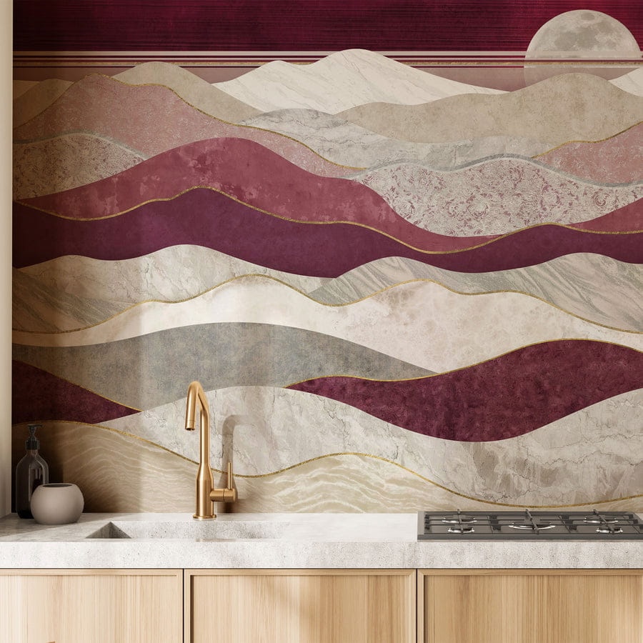 fioletowo złota tapeta w kuchni 