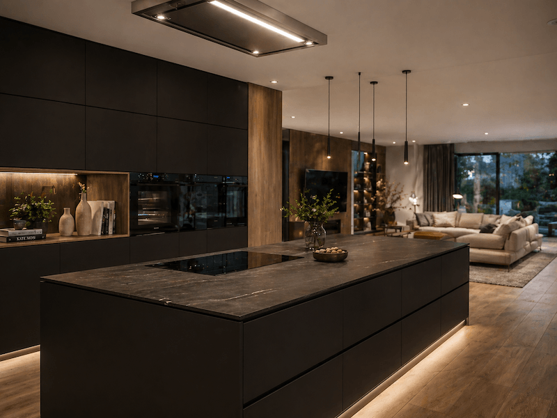 czarna kuchnia z wyspą z kamienia