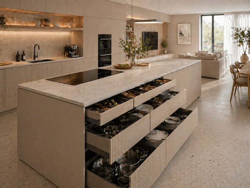 wyspa kuchenna z dużymi szufladami