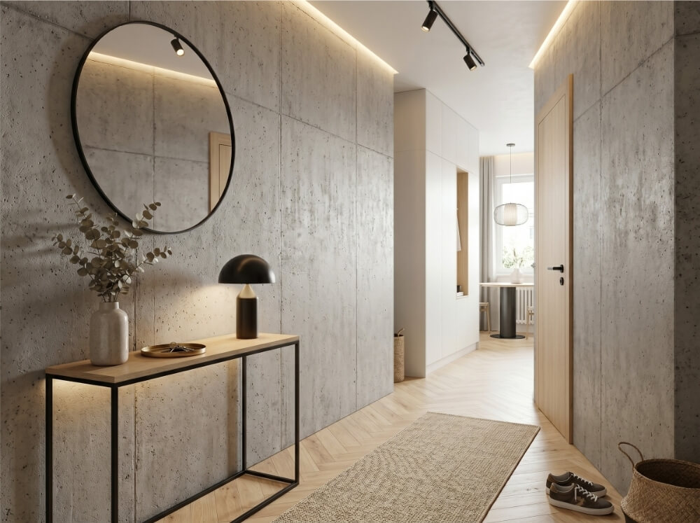beton architektoniczny położony na ścianach w przedpokoju