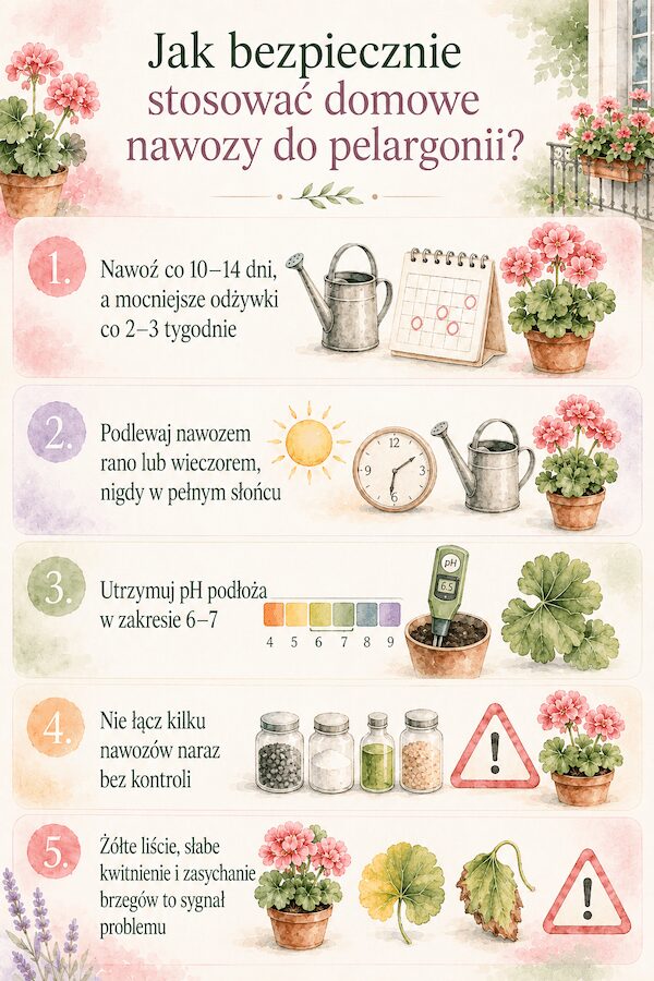 Infografika przedstawiająca zasady bezpiecznego nawożenia pelargonii