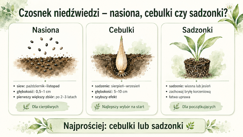 Czosnek niedźwiedzi uprawa – porównanie siewu nasion, sadzenia cebulek i gotowych sadzonek.