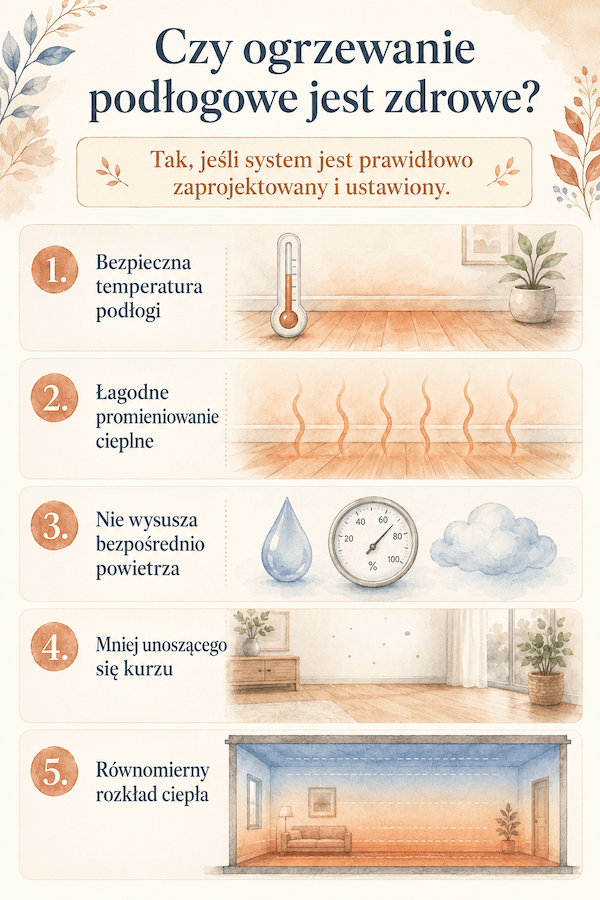 infografika przedstawiająca zasady działania ogrzewania podłogowego