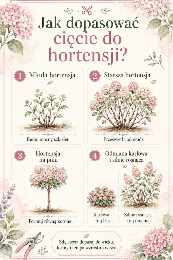 Porównanie cięcia młodej, starszej, karłowej i prowadzonej na pniu hortensji bukietowej