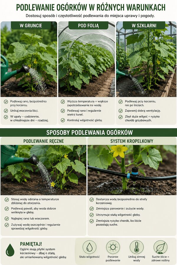 Czym podlewać ogórki w gruncie, pod folią i w szklarni