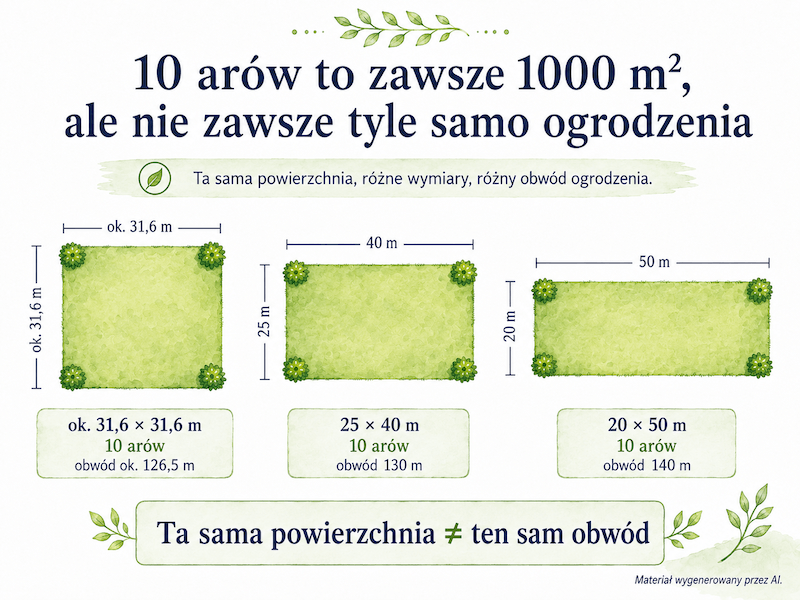 10 arów a obwód działki przy tej samej powierzchni