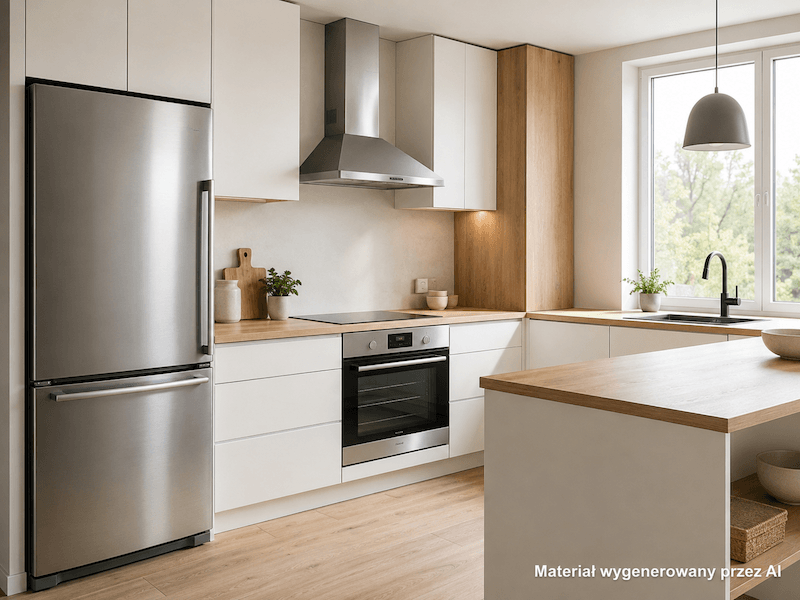 Kolor inox w kuchni z bielą i naturalnym drewnem