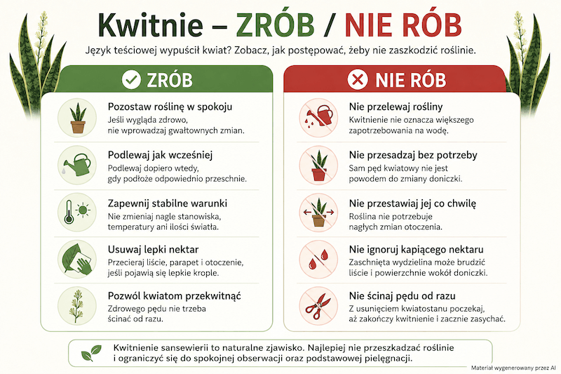 Język teściowej – kwiat kwitnie a zasady pielęgnacji Pielęgnacja sansewierii podczas kwitnienia – co robić i czego unikać