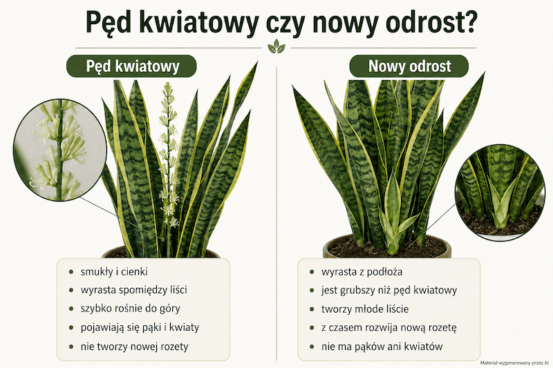 Język teściowej – kwiat kwitnie czy wyrasta nowy odrost Pęd kwiatowy i nowy odrost sansewierii – porównanie