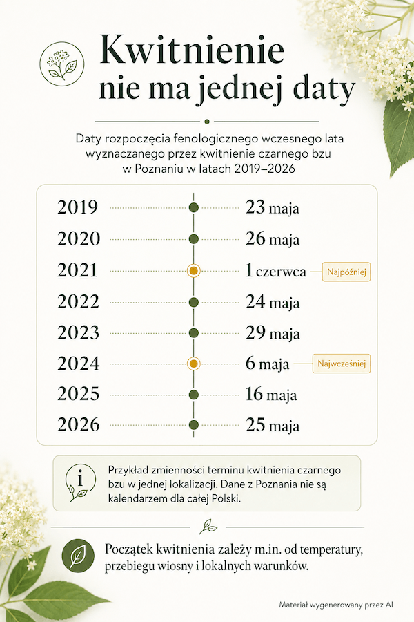 Kiedy kwitnie czarny bez – daty kwitnienia w Poznaniu 2019–2026
