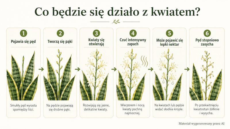 Etapy kwitnienia sansewierii od pędu do zaschnięcia Język teściowej – kwiat kwitnie i przechodzi kolejne etapy