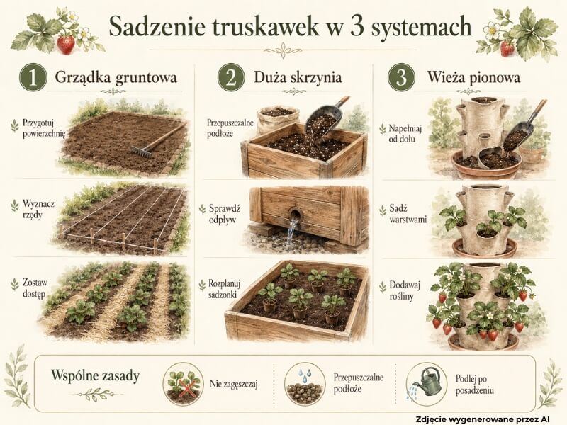 pomysł na truskawki w ogrodzie – sadzenie truskawek w grządce, dużej skrzyni i wieży pionowej
