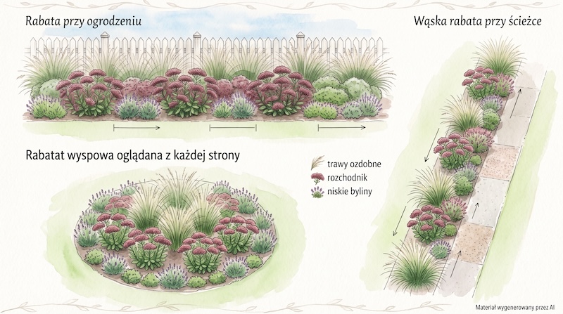 rozchodnik – kompozycje na rabacie przy ogrodzeniu, ścieżce i rabacie wyspowej