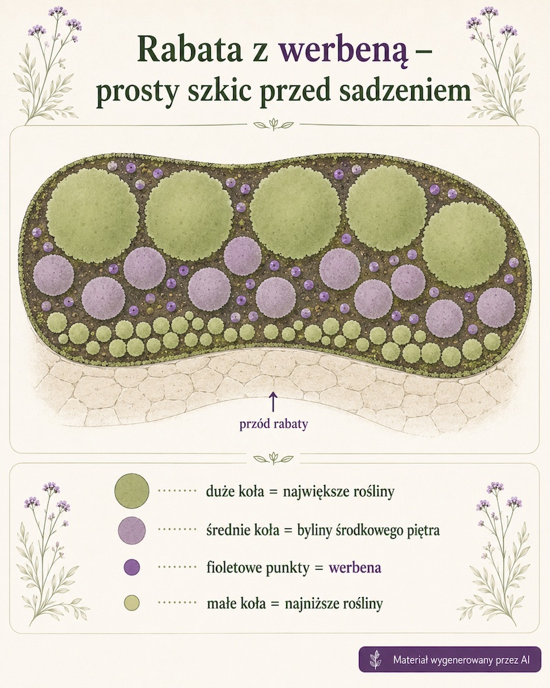 Schemat rabaty z rozmieszczeniem werbeny i roślin różnych wysokości