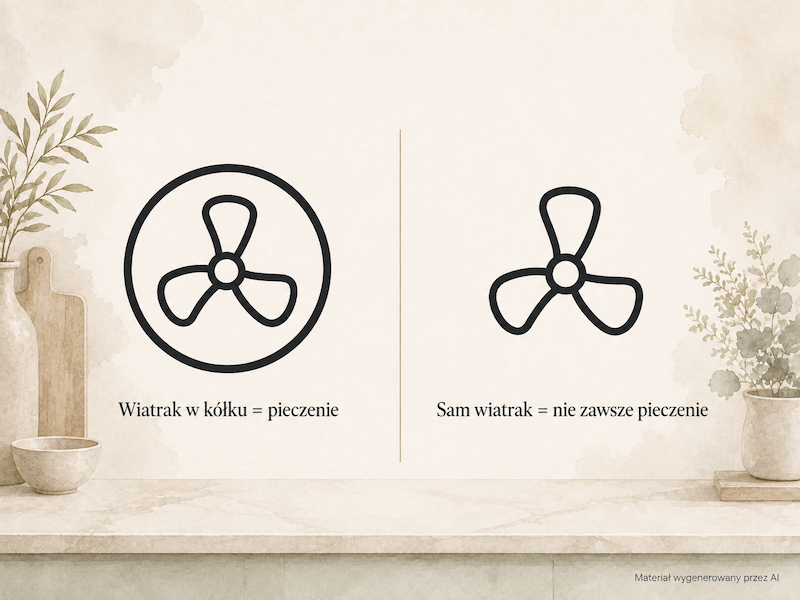 termoobieg – znak wiatraka w kółku i symbol samego nawiewu
