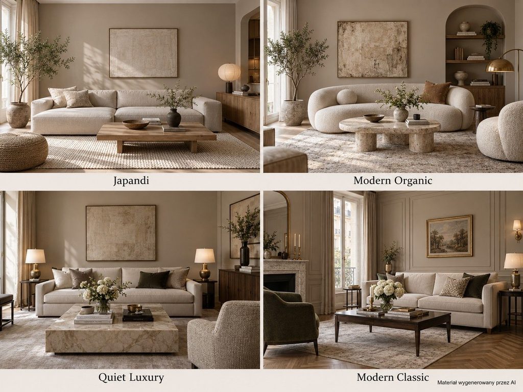 Taupe w aranżacjach Japandi, Modern Organic, Quiet Luxury i Modern Classic Modne kolory ścian – galeria zdjęć z taupe w czterech stylach wnętrzarskich
