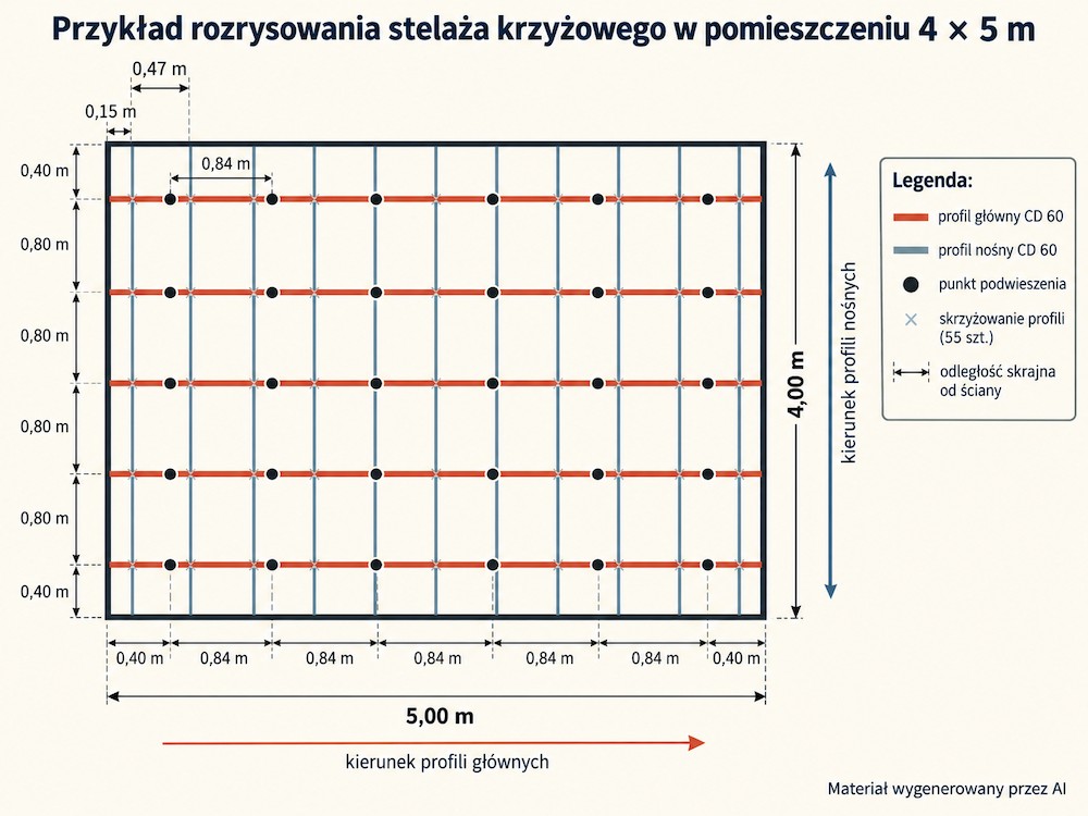 Rzut stelaża krzyżowego w pomieszczeniu 4 × 5 m