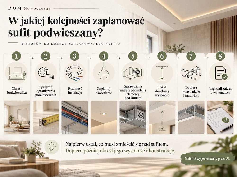 Infografika kolejności planowania sufitu podwieszanego – 8 etapów od funkcji po ustalenia z wykonawcą