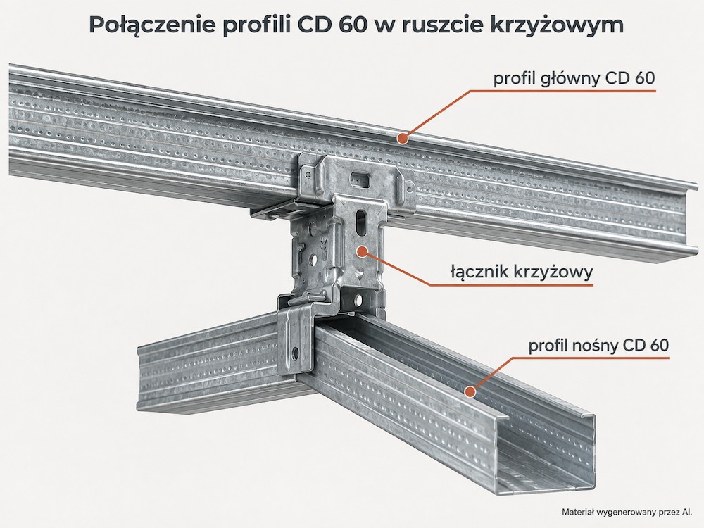 Sufit podwieszany krzyżowy – schemat połączenia profilu głównego i nośnego CD 60