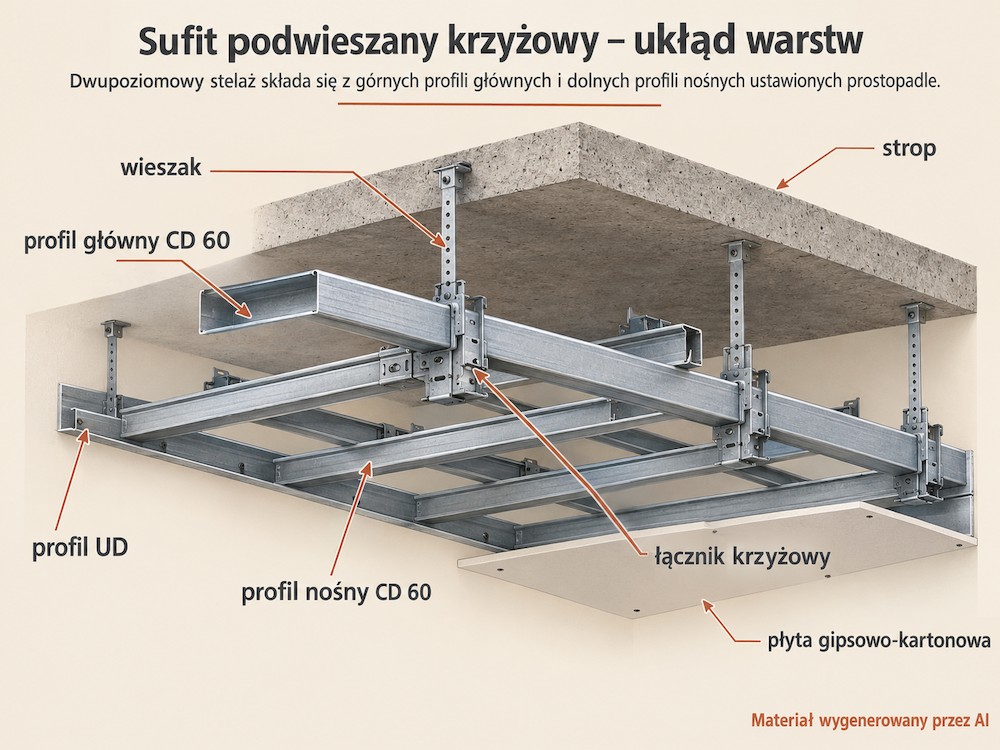 Sufit podwieszany krzyżowy – schemat układu profili głównych i nośnych